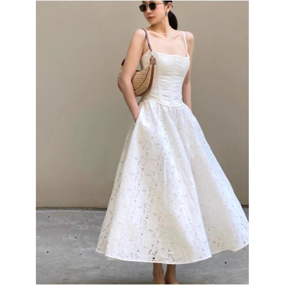 French style Rixo Kiss elegant white openwork sleeveless slip dress summer vacation fitted A line puff dress image 4