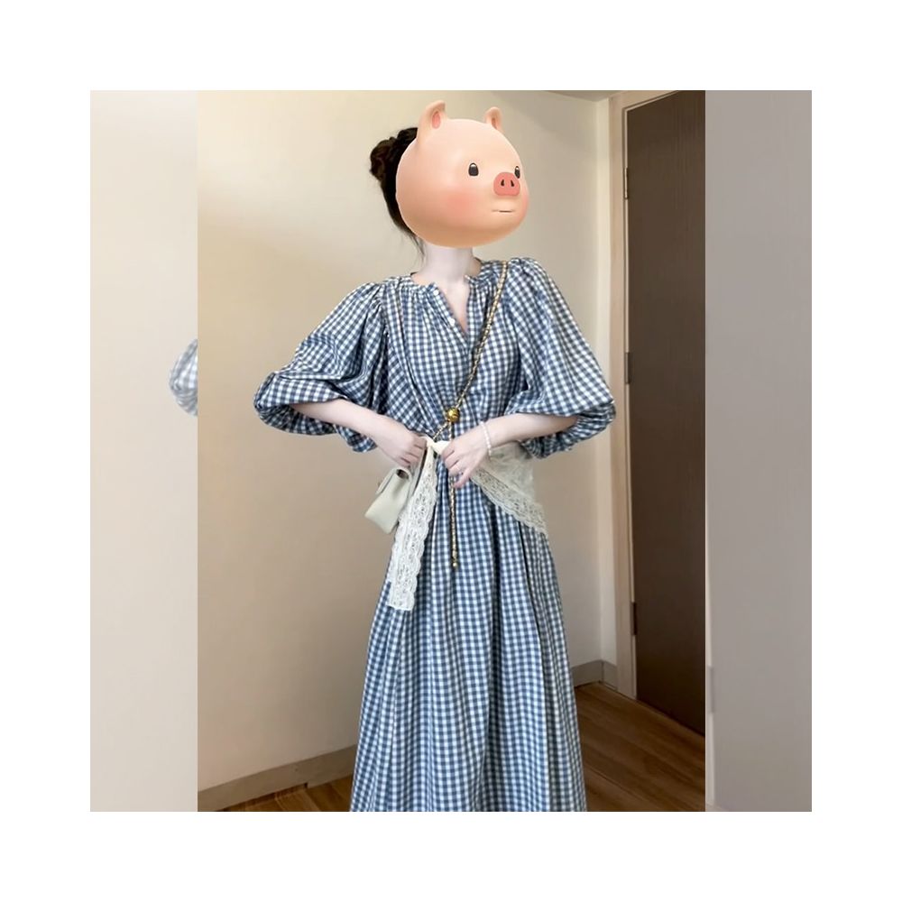 French retro temperament gentle style blue checkered dress goddess dressing generous and appropriate waist cinching and slimming long skirt image 4