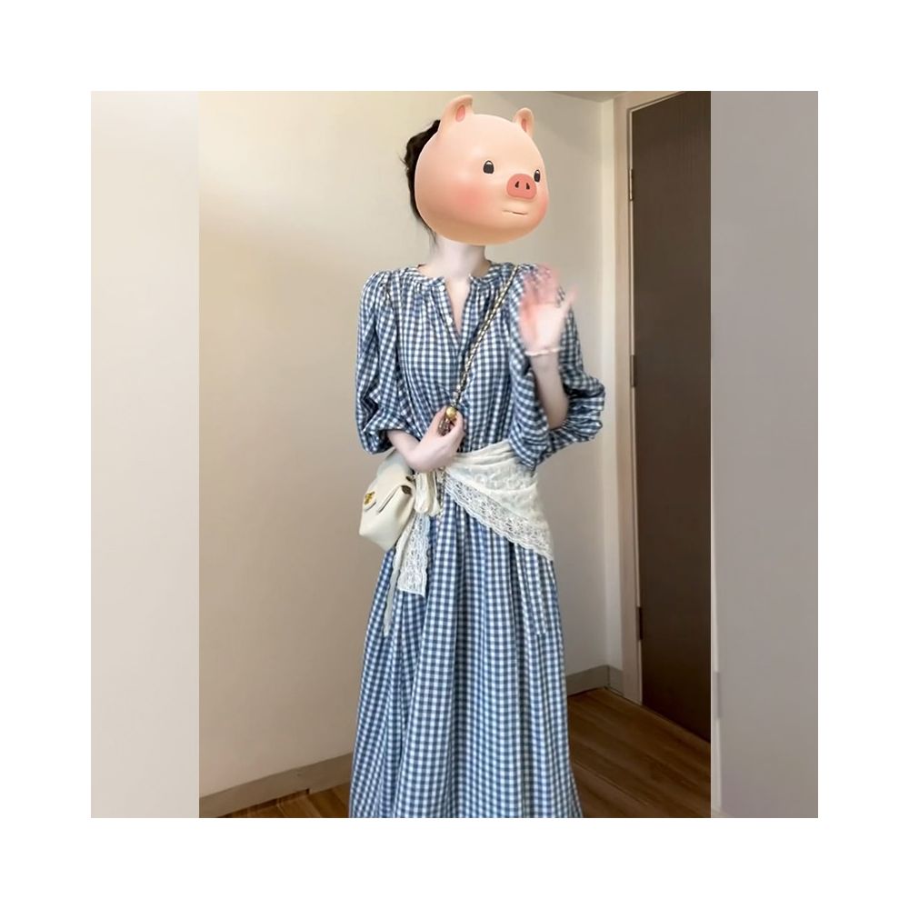 French retro temperament gentle style blue checkered dress goddess dressing generous and appropriate waist cinching and slimming long skirt image 5