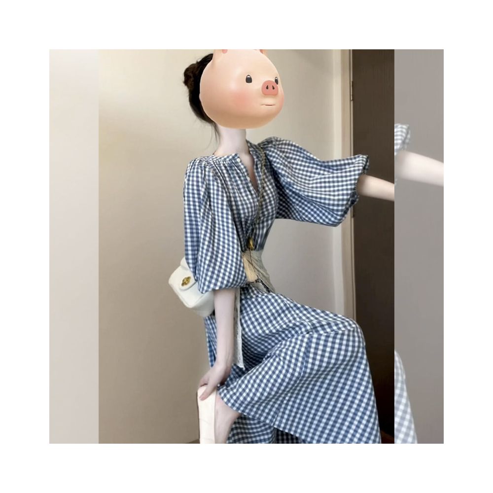 French retro temperament gentle style blue checkered dress goddess dressing generous and appropriate waist cinching and slimming long skirt image 0
