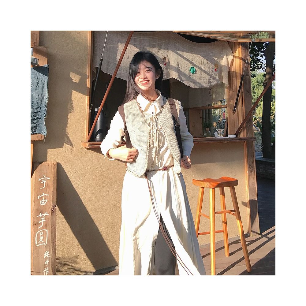 Celebrity Style MSLAN25 Autumn Retro Jacquard Artistic Tie up Hollow out Knitted Vest MHAW090 image 0