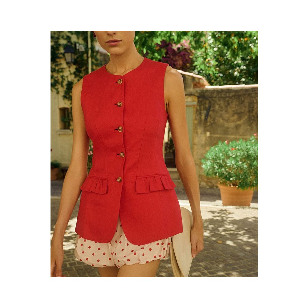 Eenkcos red niche linen sleeveless round neck vest Australian single breasted 25 spring summer slim fit top image 2