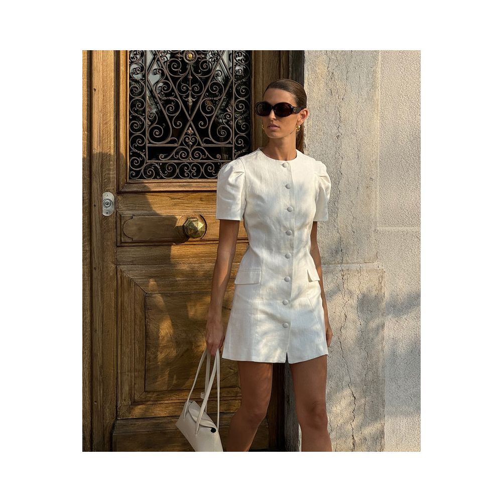 Eenkcos sophisticated old money style light luxury single breasted linen dress simple waist cinching niche white dress image 0