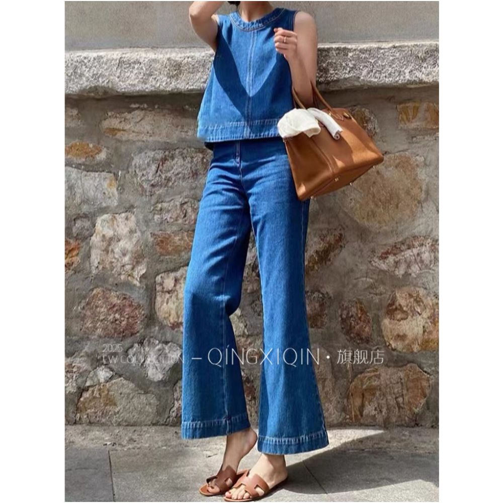 High quality shipping blue denim suit pants 25 summer new sleeveless top micro flared pants two piece set image 2