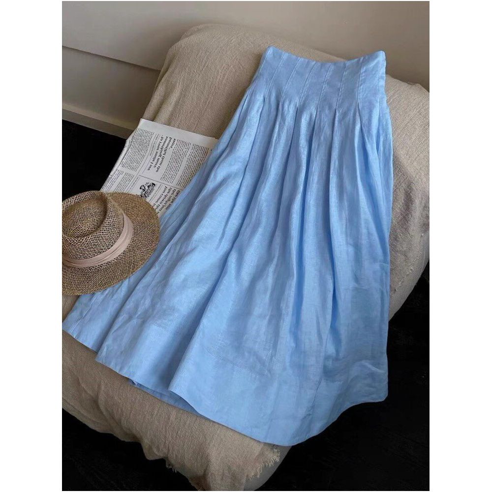 Bull X cargo exploded Blue Cotton Hemp Half length Skirt for Women Summer Thin Breathable Medium to Long Large Swing Ramie Umbrella Skirt image 3