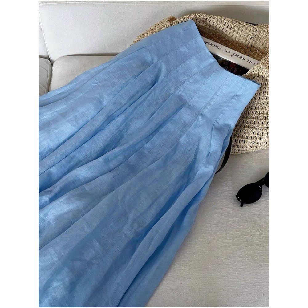 Bull X cargo exploded Blue Cotton Hemp Half length Skirt for Women Summer Thin Breathable Medium to Long Large Swing Ramie Umbrella Skirt image 0
