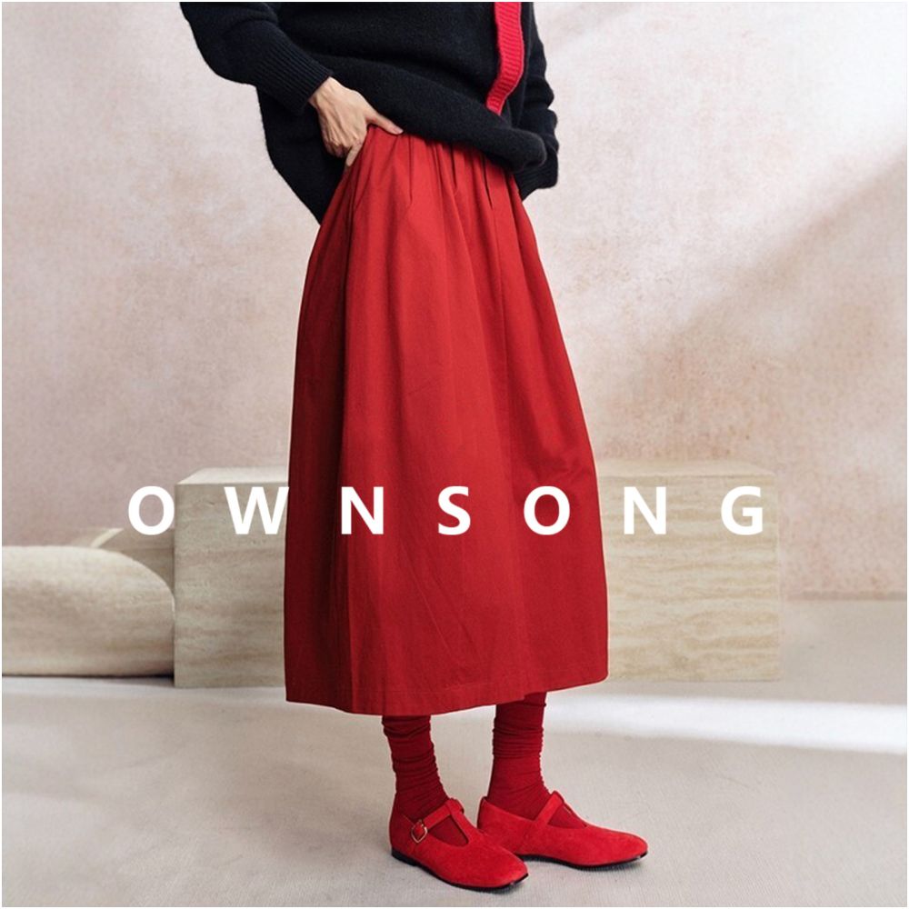 OWNSONG Red Yamamoto Skirt Lantern Skirt Autumn Winter New High Waist A line Medium Long Flower Bud Umbrella Skirt image 1