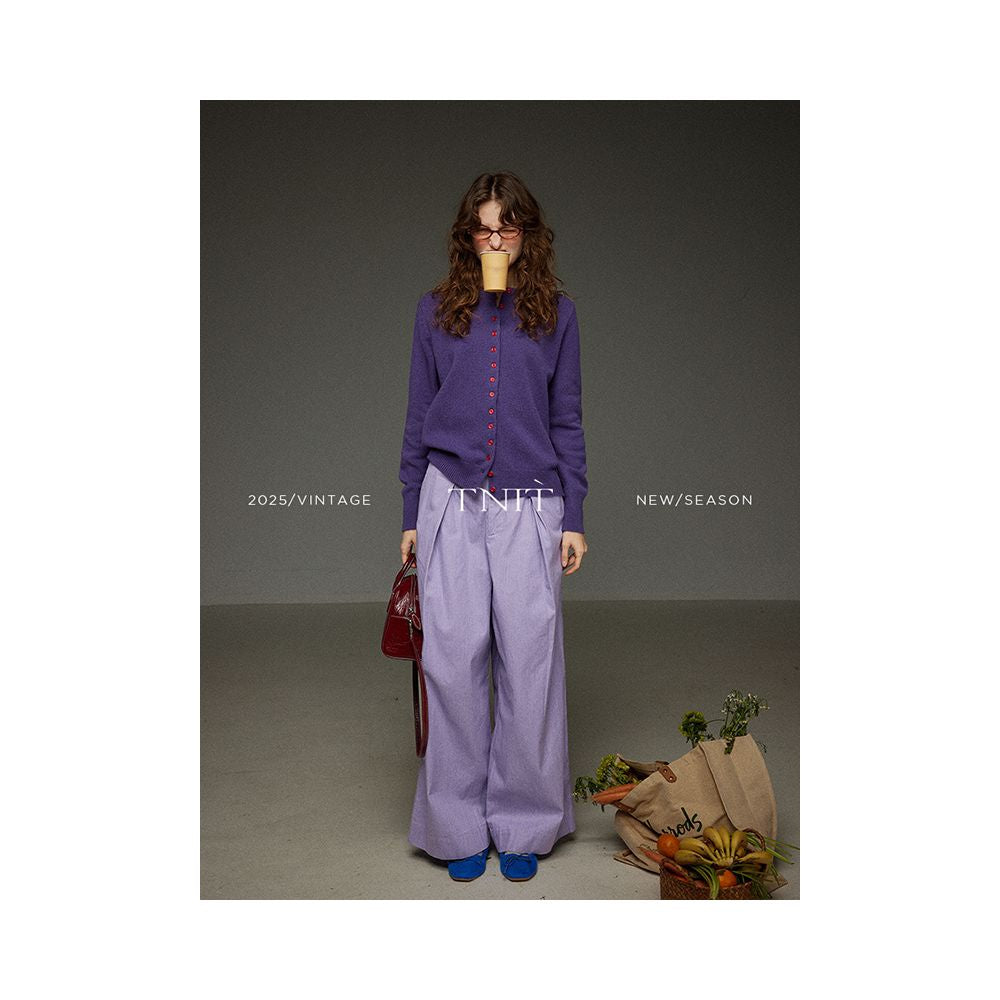 TNIT Retro Purple Single Row Red Button Knitted Cardigan Women s Autumn and Winter Soft Sticky Round Neck Design Sweater Top image 2