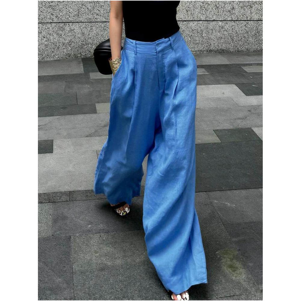 Clearing the warehouse and picking up leaks Cow X cargo lazy style loose hanging feeling blue high end feeling Tencel linen wide leg pants for women image 4