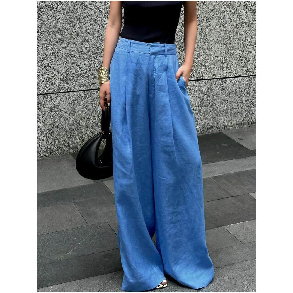 Clearing the warehouse and picking up leaks Cow X cargo lazy style loose hanging feeling blue high end feeling Tencel linen wide leg pants for women image 0