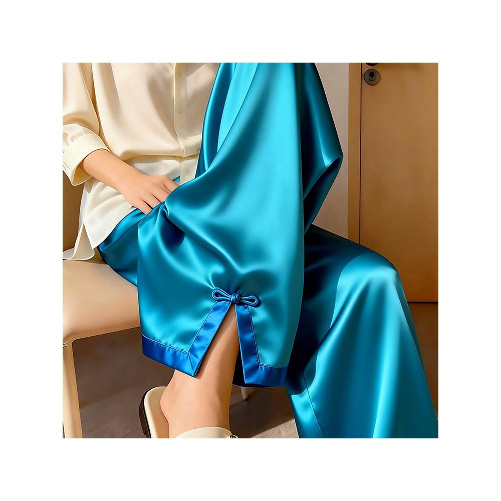 Shopping mall cabinet withdrawal 2026 spring new fashionable casual lazy lake blue acetate satin plate buckle open leg wide leg pants image 0