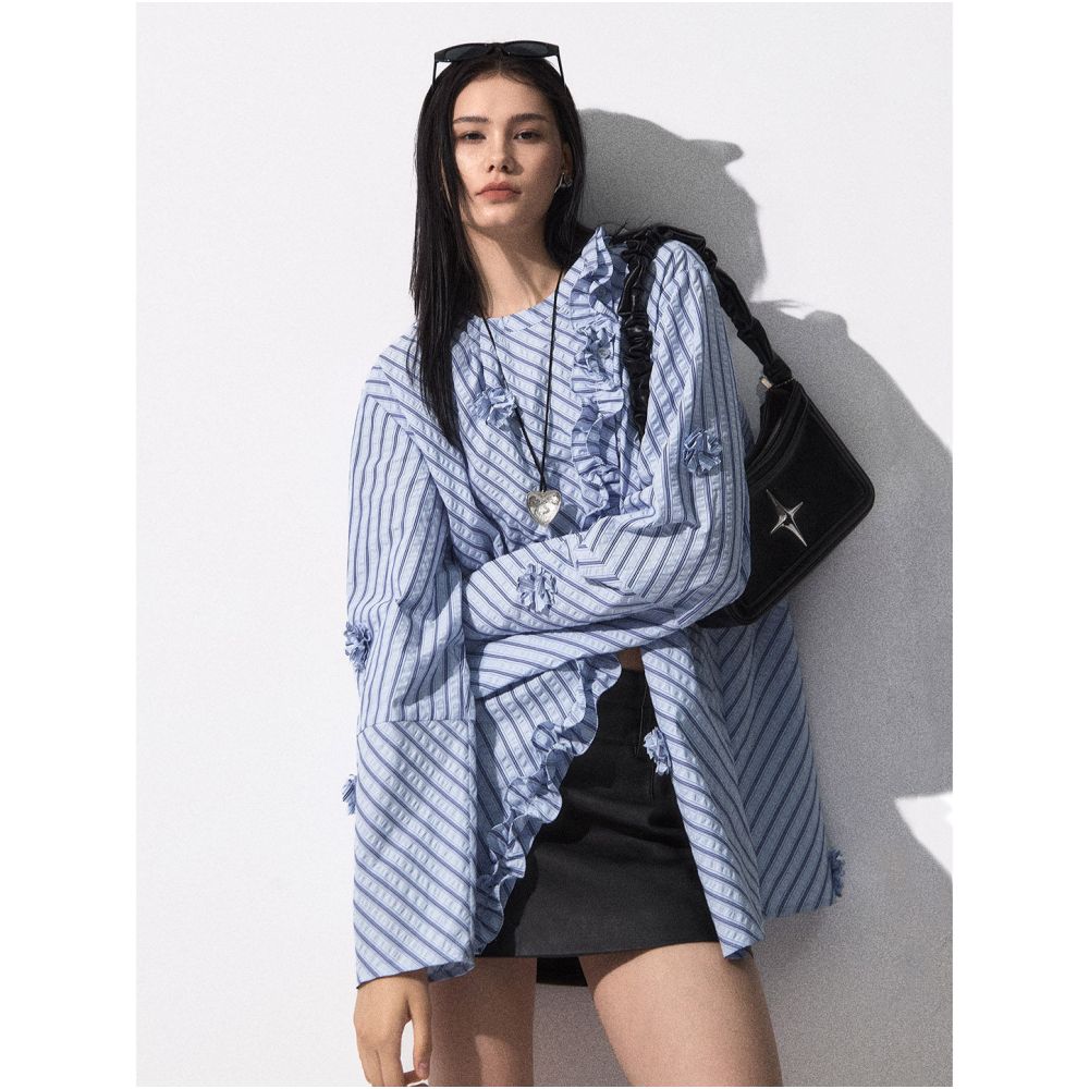 ASAYA6239 – Blue Ruffle Stripe Blouse 💙✨