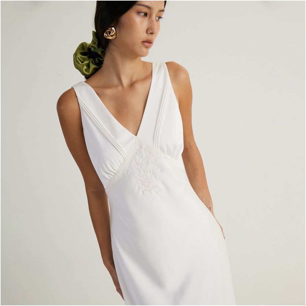 OtherSTORE Swan Lake French Embroidered V neck White Dress for Women High Grade Acetate Satin Skirt image 1