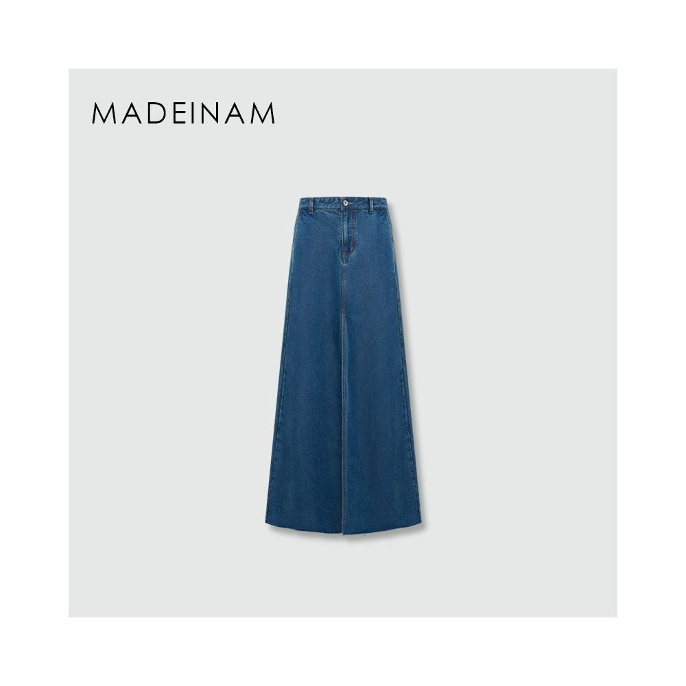 MADEINAM Cool Tencel Denim High Waist Slimming Retro Hairy Edge Design Front Split Denim Skirt image 5