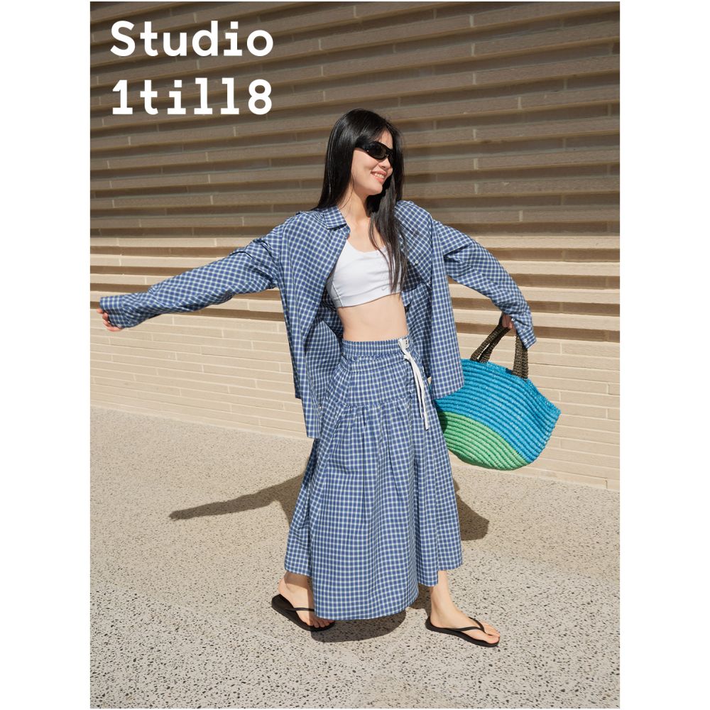 Studio1til8 spring summer casual loose A line elastic waist drawstring mid length skirt plaid white image 3