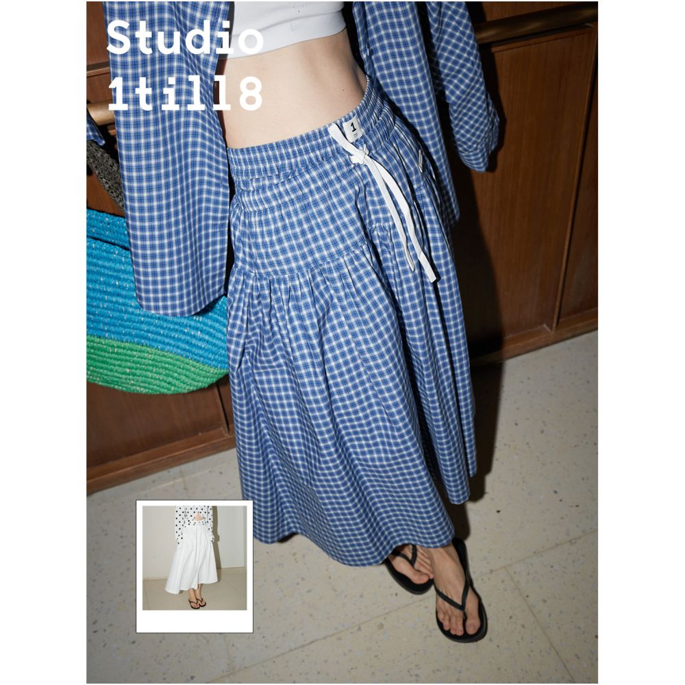 Studio1til8 spring summer casual loose A line elastic waist drawstring mid length skirt plaid white image 0