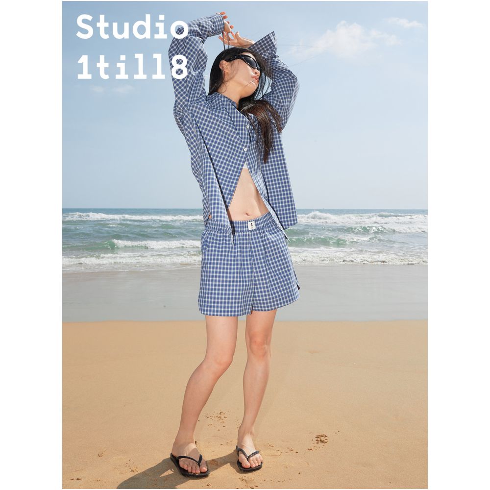 Studio1till8 raglan sleeves lazy neutral style striped shirt elastic waist casual shorts set image 5