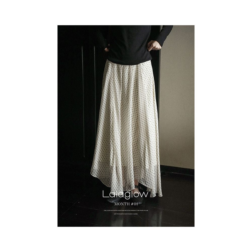 Lalaglow in the rain Paris French temperament irregular drape print skirt slimming long skirt for women early spring image 2