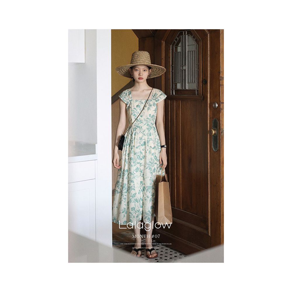 Lalaglow Midsummer Story Anti Wrinkle French Printed Square Neck Dress in Stock Stylish and Slimming Long Dress image 0