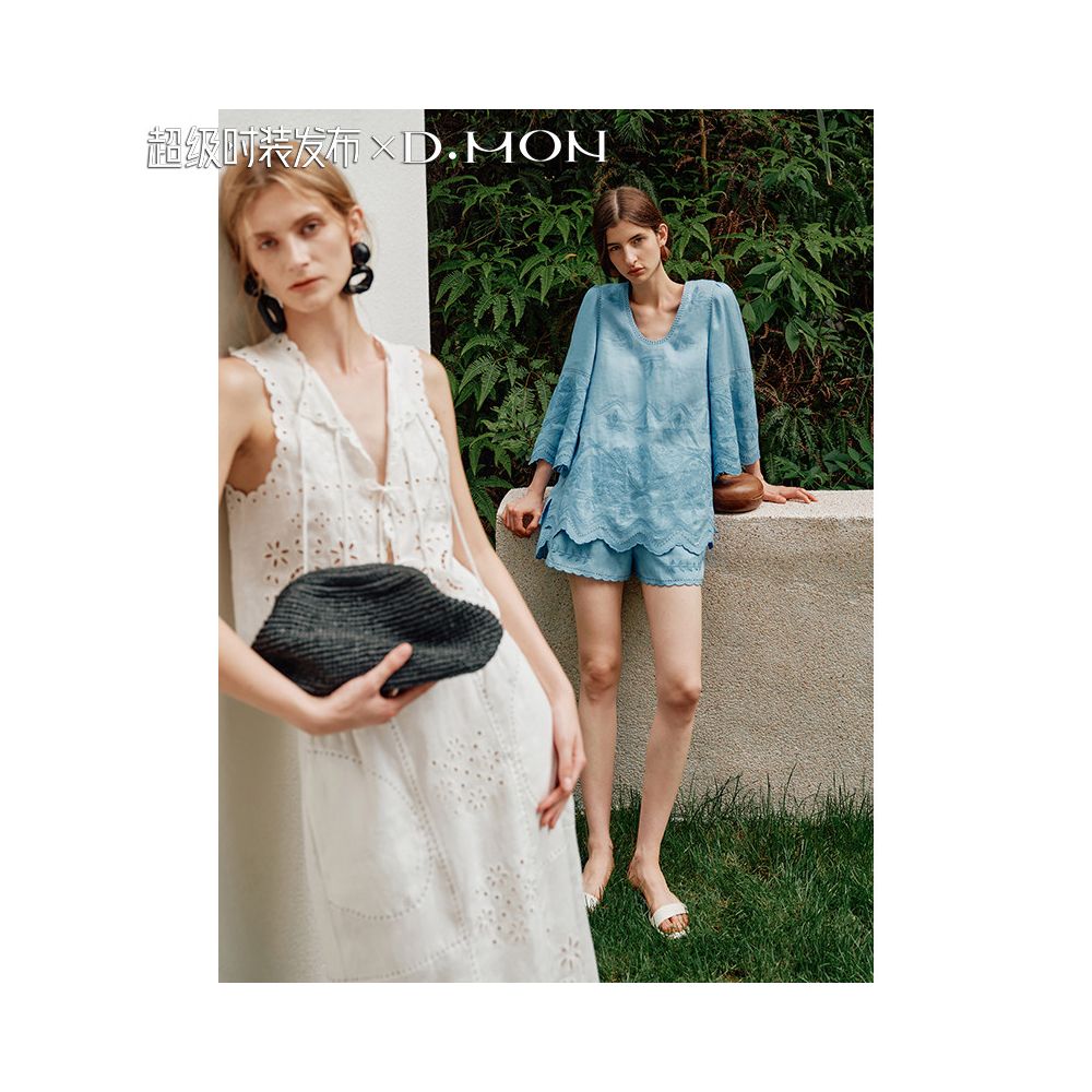 Super Fashion DMON Summer Garden French Holiday Hollow Embroidery Deep V Loose Small Shirt Shorts image 1