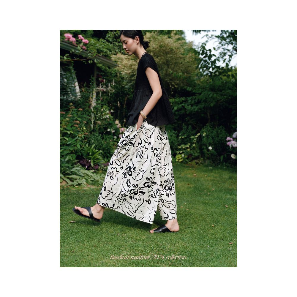 Beerkun Flower Wild 60 fine washed cotton Fauvism Art Black and White Printed A line Wide Leg Skirts and Pants image 1