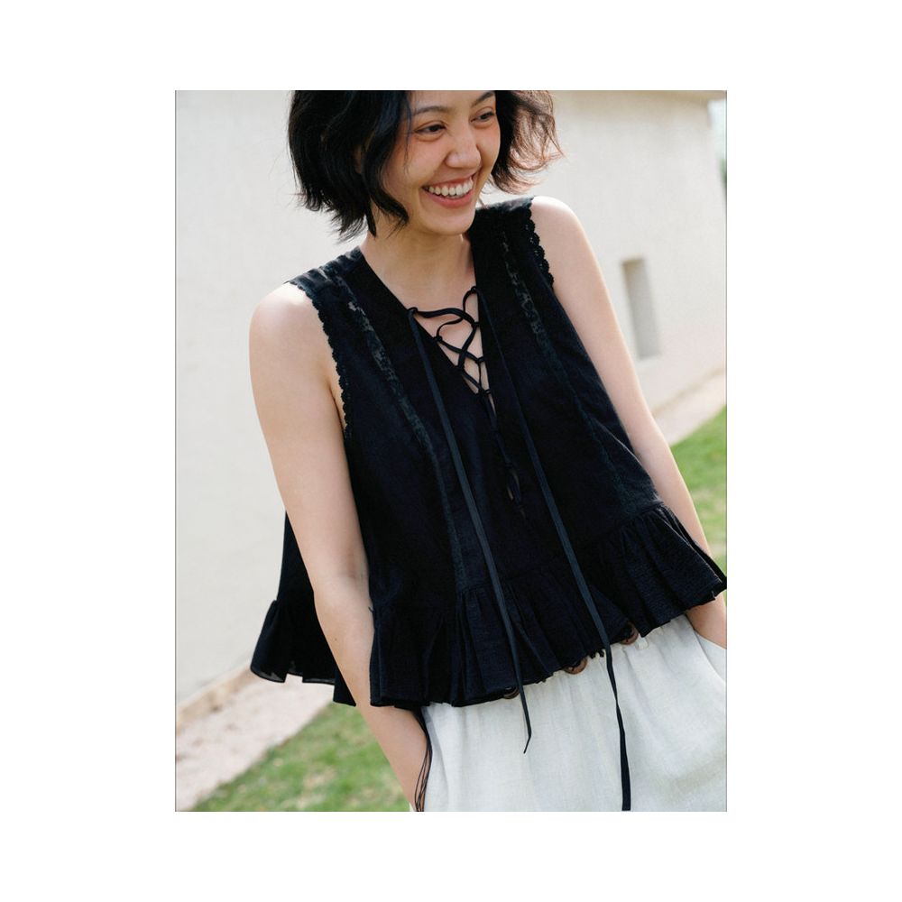 Beerkun Cute Summer Japanese Texture Cotton Handmade Folded French Lace Strap Top image 0