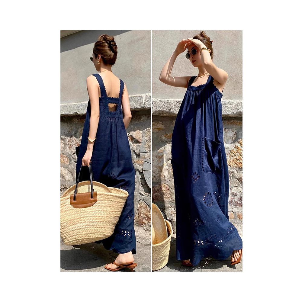 X Rose beach vacation style navy blue embroidered dress new high end sense niche loose long skirt for children image 1