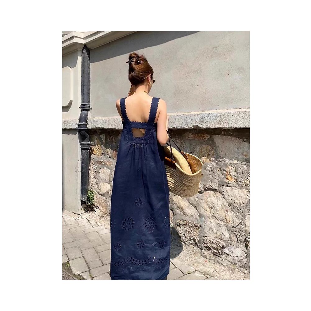 X Rose beach vacation style navy blue embroidered dress new high end sense niche loose long skirt for children image 3