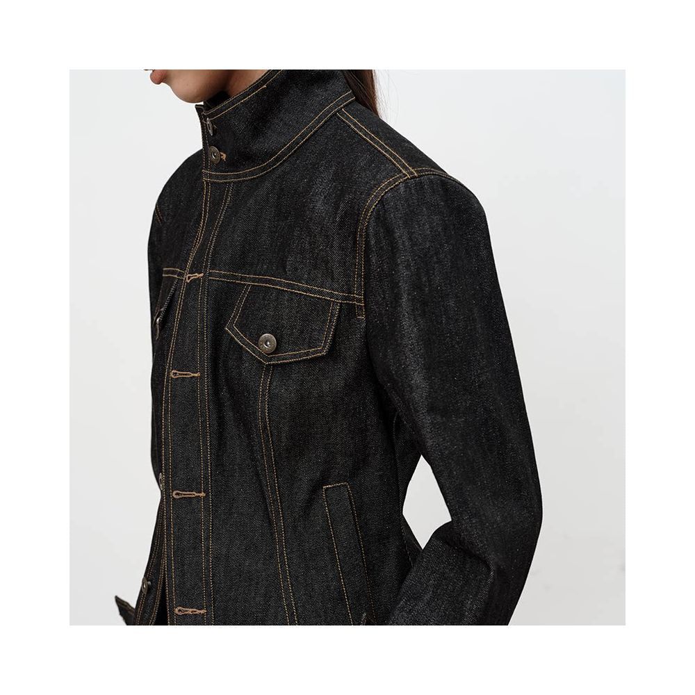 JCAESAR WOMEN diagonal placket waist cinched original cowhide jacket 12oz Danning wide and stylish denim jacket autumn image 4