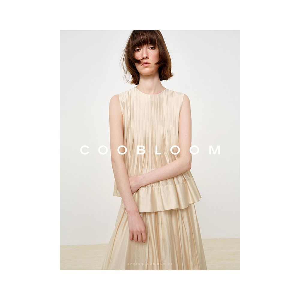 COOBLOOM Women s Midi Skirt 2025 New Set Irregular Pleated Round Neck Vest Top Skirt for Summer image 2