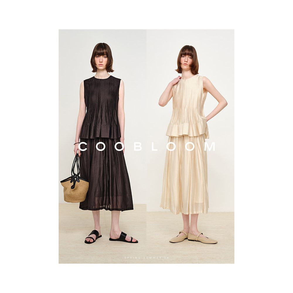 COOBLOOM Women s Midi Skirt 2025 New Set Irregular Pleated Round Neck Vest Top Skirt for Summer image 4