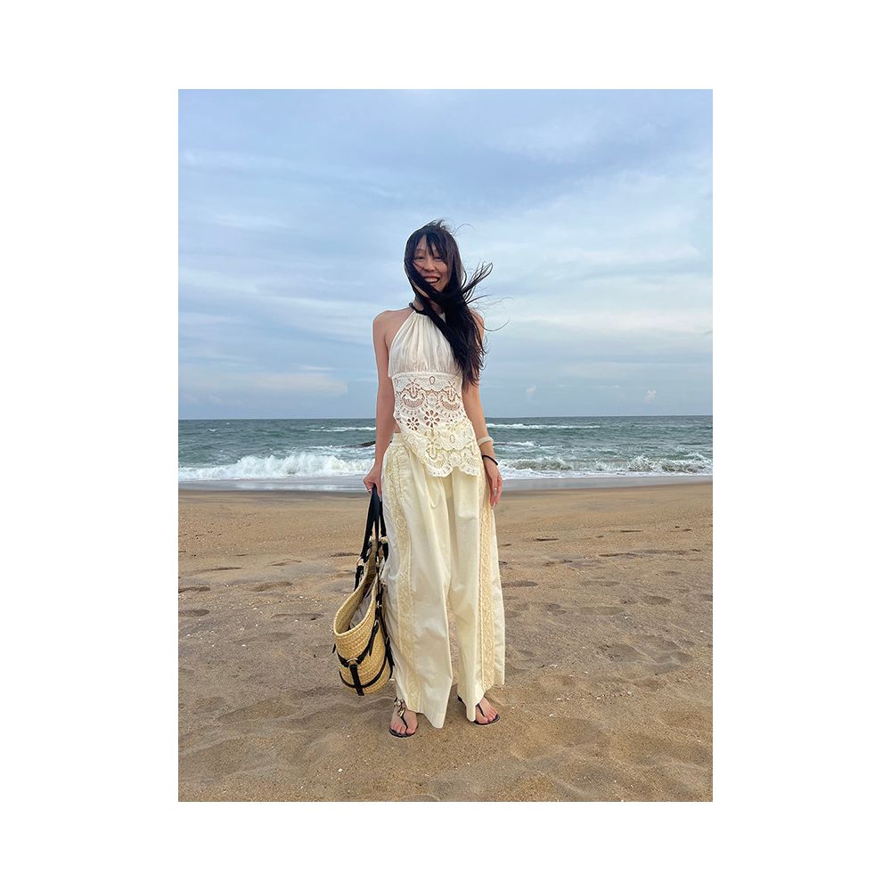 Deplumer Mist Moon White Hollow Embroidered Hanging Neck Tank Top Strap Pants Children s 25 Summer New Collection image 4