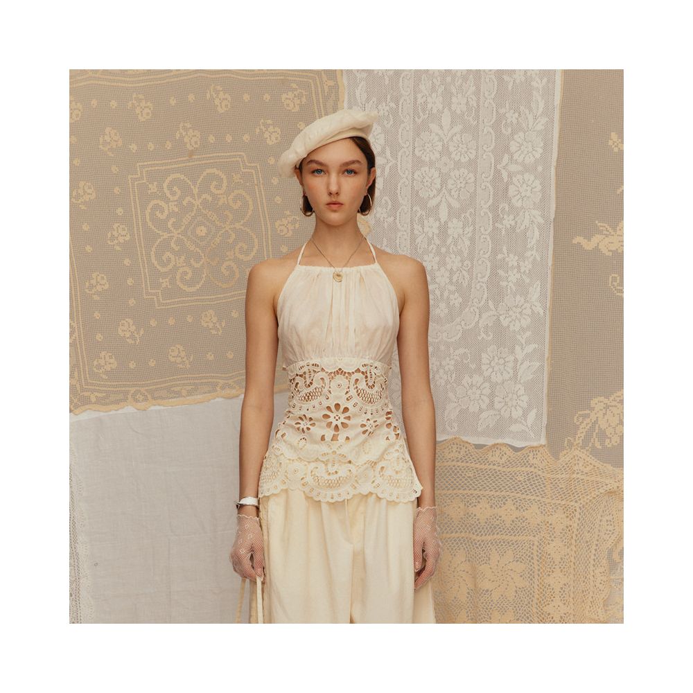 Deplumer Mist Moon White Hollow Embroidered Hanging Neck Tank Top Strap Pants Children s 25 Summer New Collection image 0