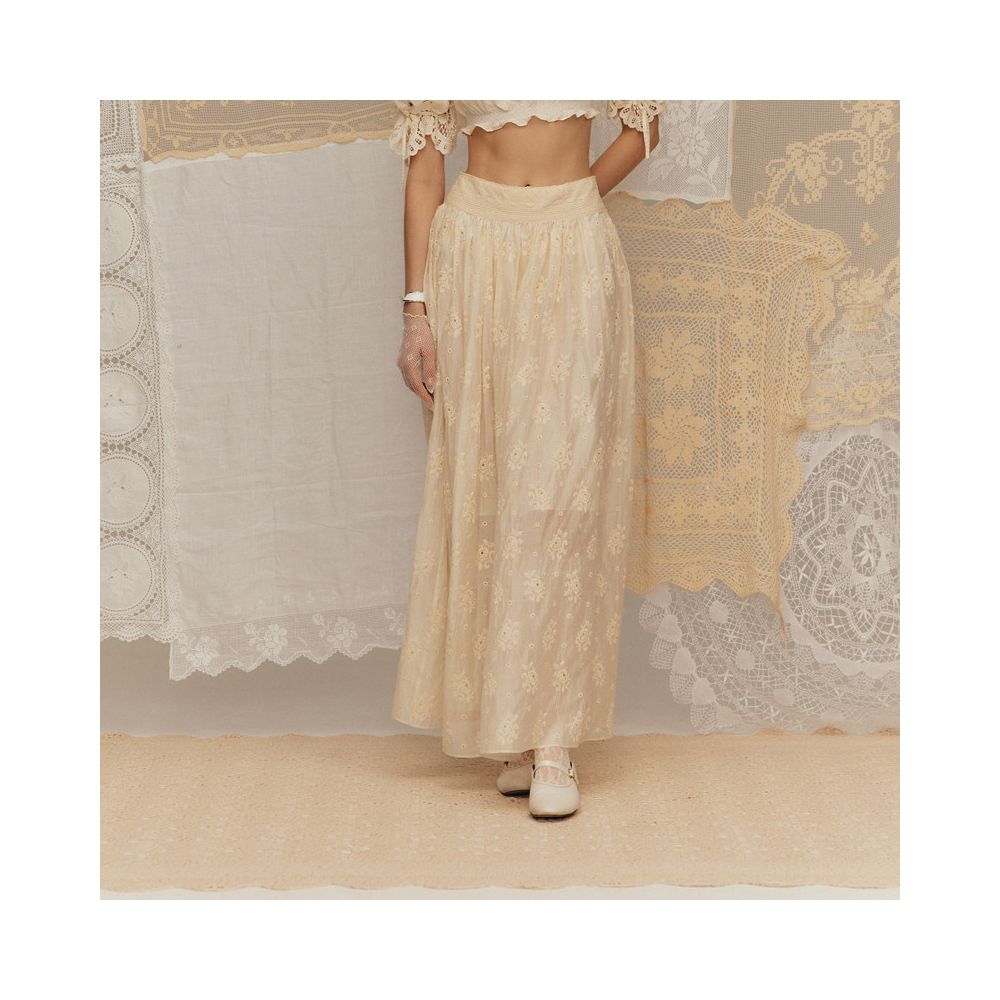Chinese style silk embroidered half skirt Deplumer misty moon white 25 summer new product cotton mulberry silk embroidered floral lace skirt image 3