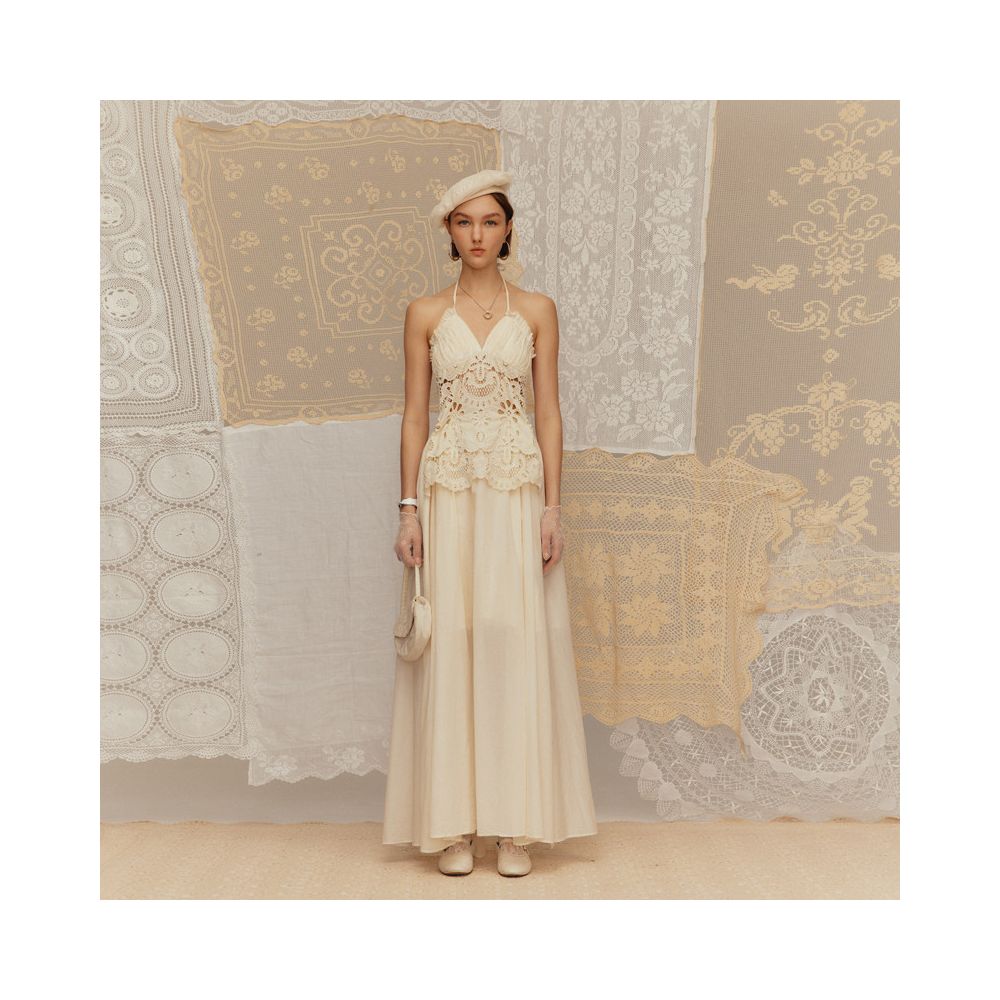 Deplumer2025 Summer New Product French Holiday Hanging Neck Hollow Embroidery Strap Rice Yellow White Dress image 1