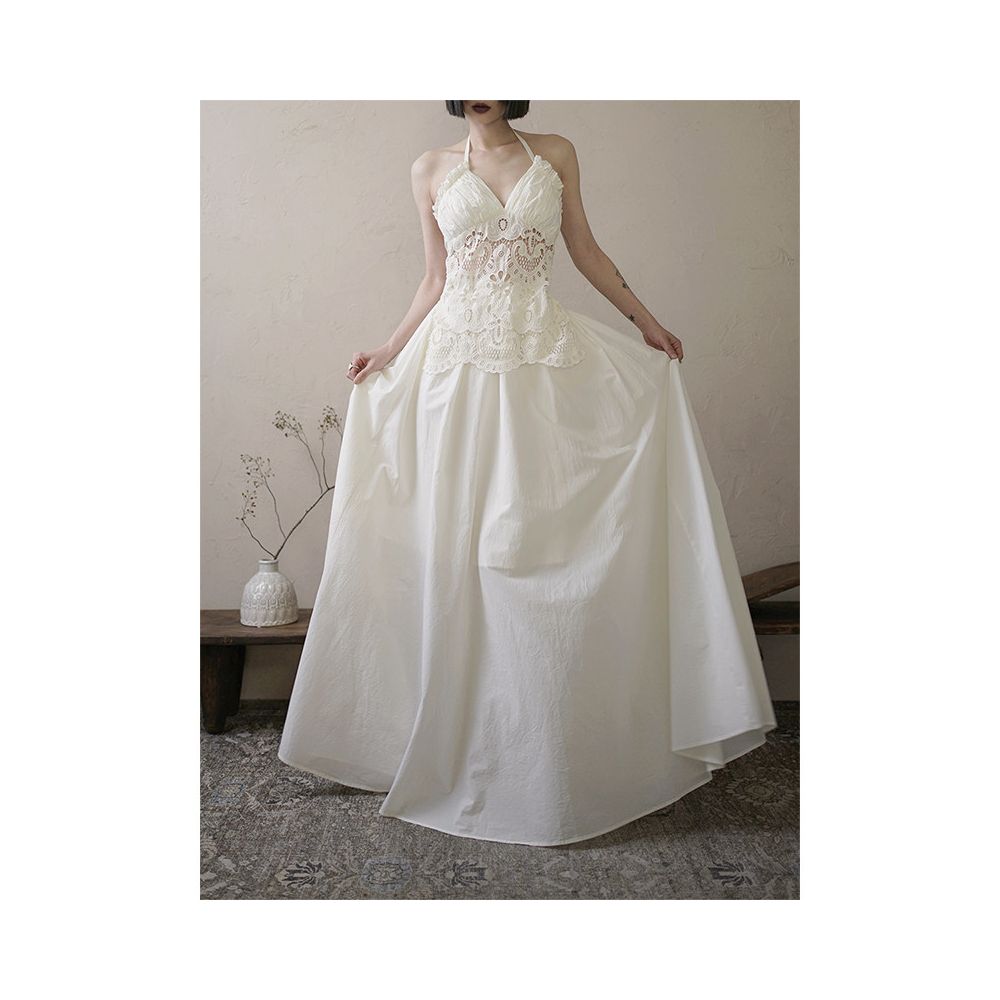 Deplumer2025 Summer New Product French Holiday Hanging Neck Hollow Embroidery Strap Rice Yellow White Dress image 3