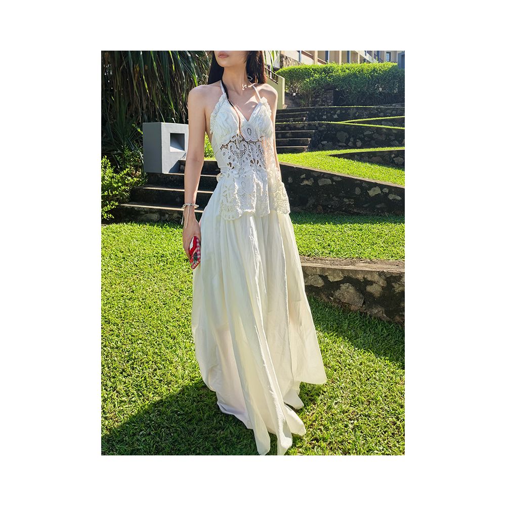 Deplumer2025 Summer New Product French Holiday Hanging Neck Hollow Embroidery Strap Rice Yellow White Dress image 4