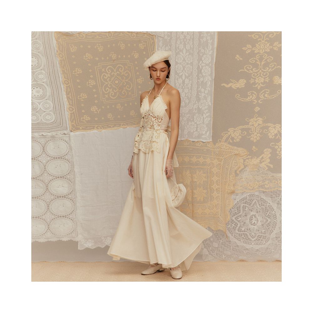 Deplumer2025 Summer New Product French Holiday Hanging Neck Hollow Embroidery Strap Rice Yellow White Dress image 5