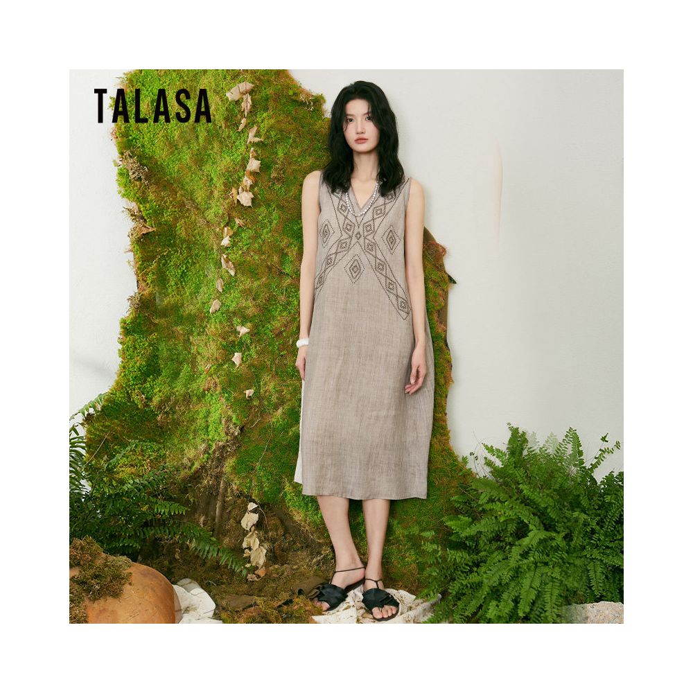 TALASA Ramie Sleeveless Dress Summer 2026 New Embroidered Design V neck Loose and Slim Retro Long Dress image 1
