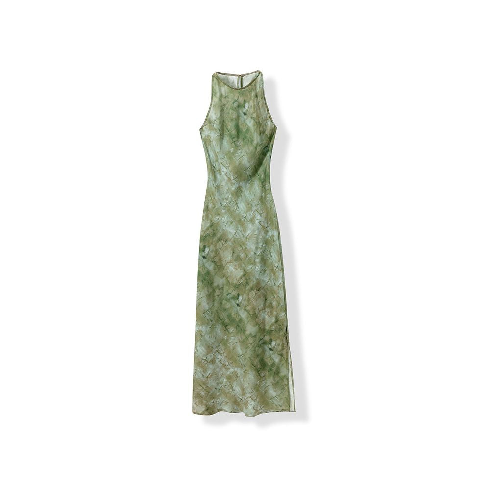 Fangzhou 100 mulberry silk French temperament high end feeling waist cinching slimming and slimming hanging neck printed dress image 5