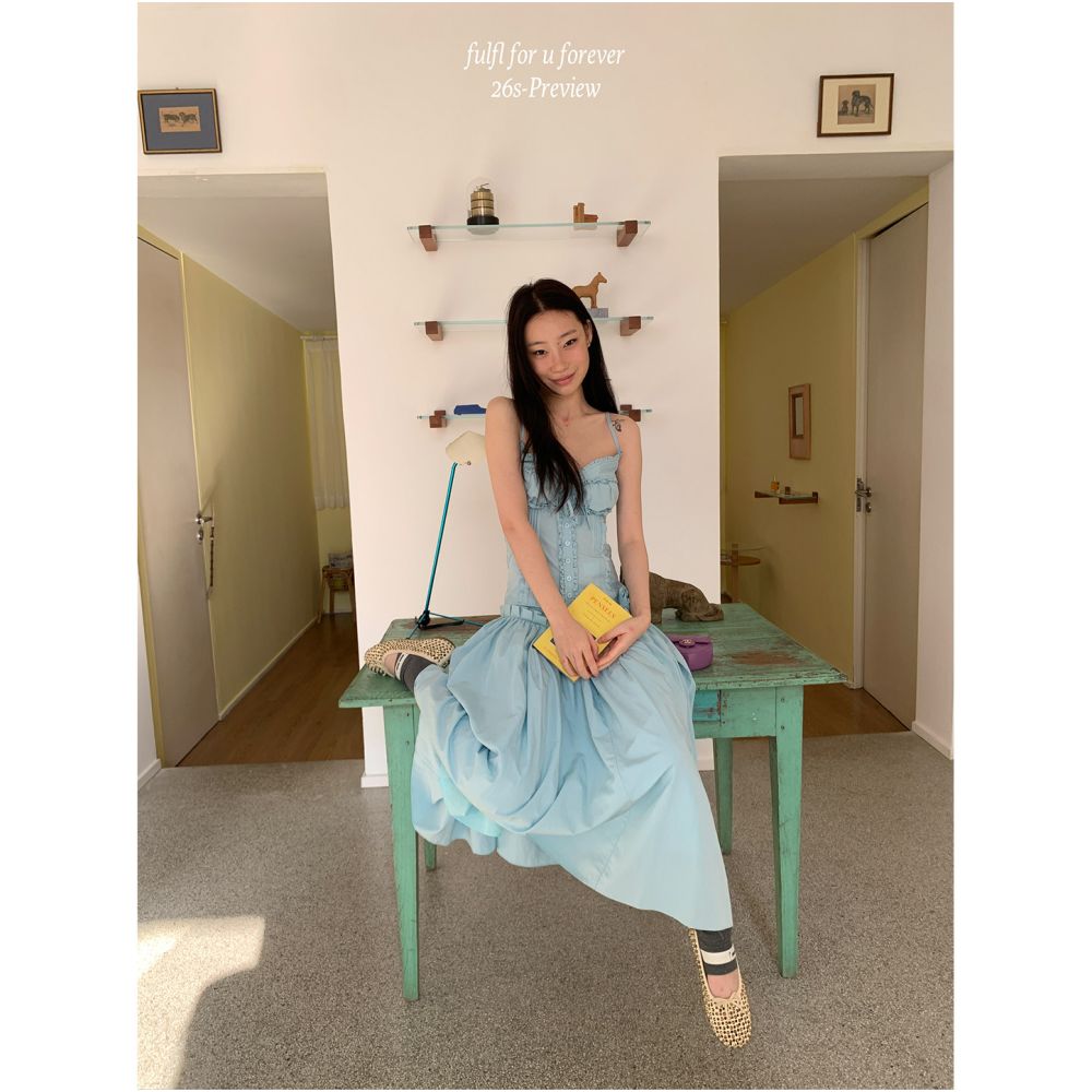 FFU set women s spring new style French fungus edge waist strap standing flower large swing umbrella skirt two piece set image 0
