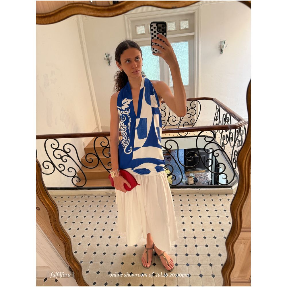 FFU Women s 2025 Summer New Fashion High end Tank Top Abstract Printed Irregular Silk Scarf Hanging Neck Top image 0