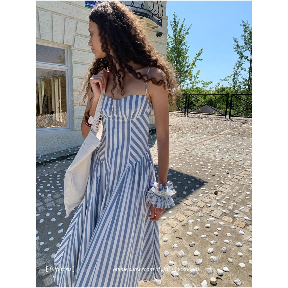 FFU Skirt Children s 2025 New Cotton Long Dress Irregular Splicing Blue and White Stripes Waist Pulling Dress image 2