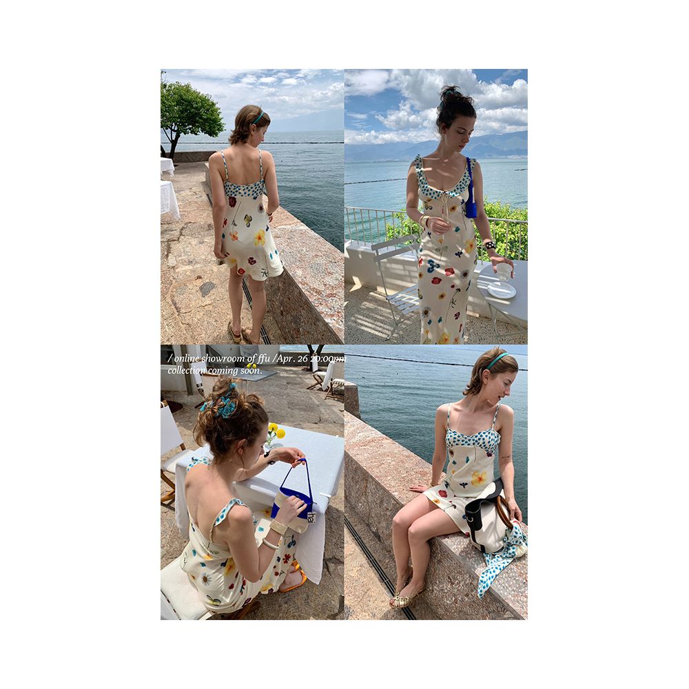 French diagonal cut floral suspender long skirt summer H shaped jumpsuit vacation style girls dress image 5