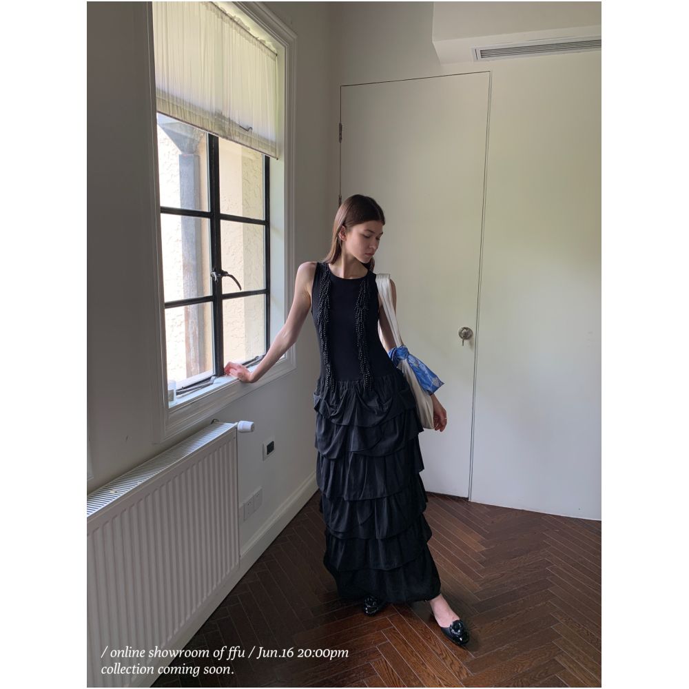 ASAYA6323 – Noir Pearl Cascade Dress 🖤✨