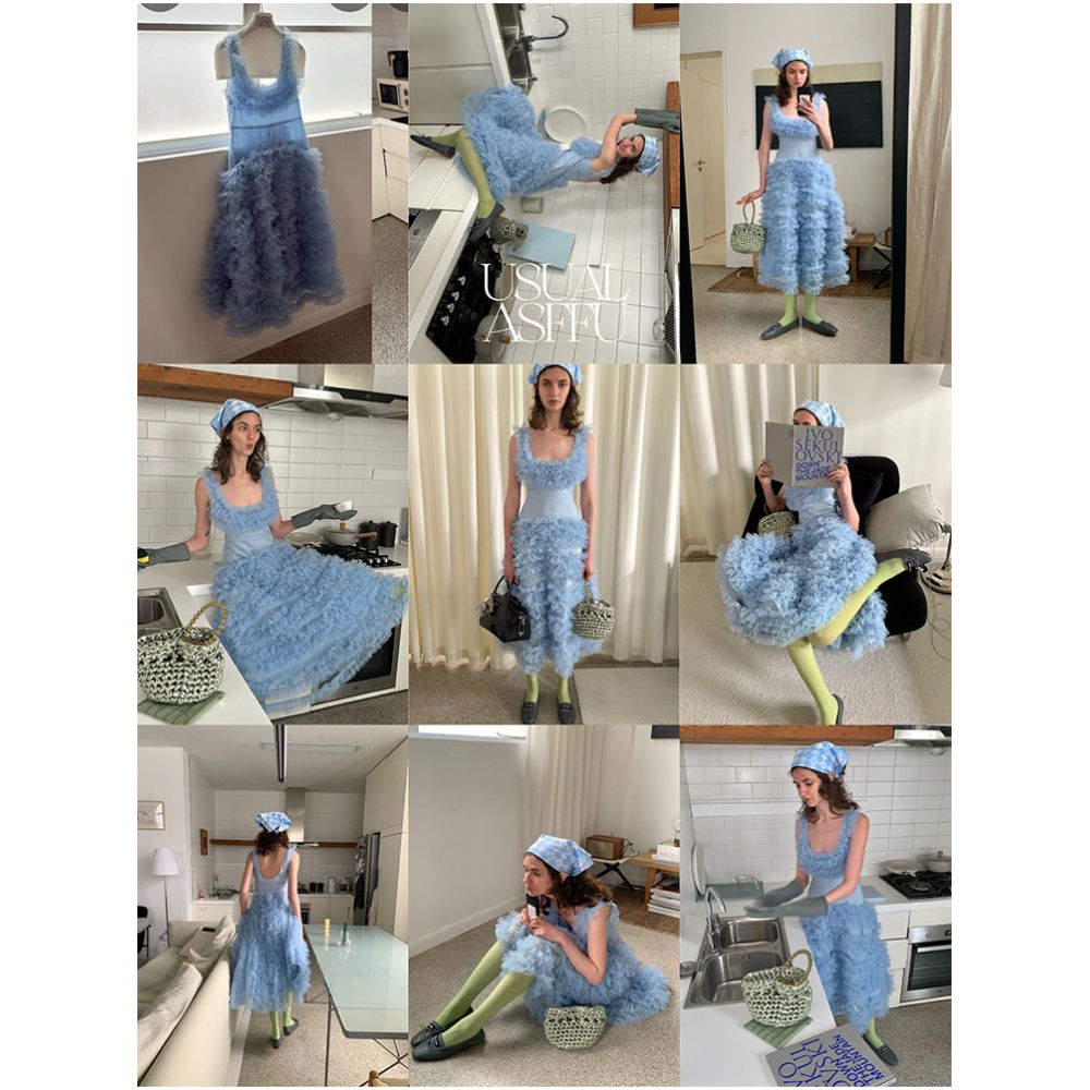 Ready Stock Ships Immediately FFU Women s New Style 3D Ruffled Mesh Slightly Elastic Cake Princess Dress image 4