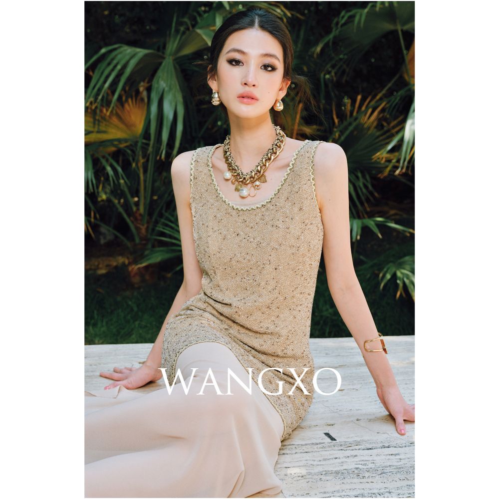 WANGXO Satin Splicing Jocel u0026Elastic Bright Silk Knitted Strap Skirt u0026Vest Skirt Set image 0