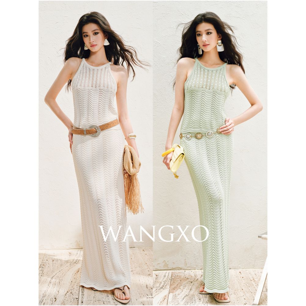 WANGXO 24 count Ice Linen Cool to the Touch Embossed Crochet Hollow out Wavy Striped Camisole Skirt image 3