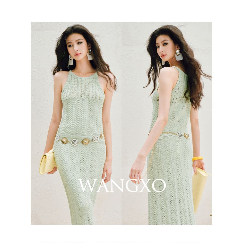 WANGXO 24 count Ice Linen Cool to the Touch Embossed Crochet Hollow out Wavy Striped Camisole Skirt image 4
