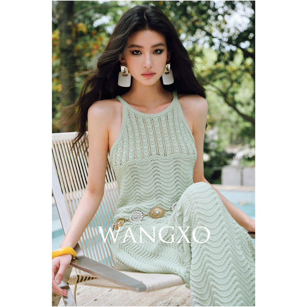 WANGXO 24 count Ice Linen Cool to the Touch Embossed Crochet Hollow out Wavy Striped Camisole Skirt image 0